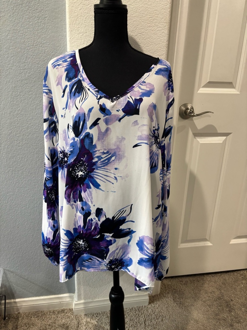 Ashley Stewart White Tunic with Blue and Purple Floral Design